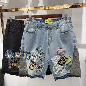 New Embroidered Badge Patches Washed Denim Shorts, Unisex Streetwear High Street Casual Knee Length Shorts for Men & Women, Summer & Festival Ready