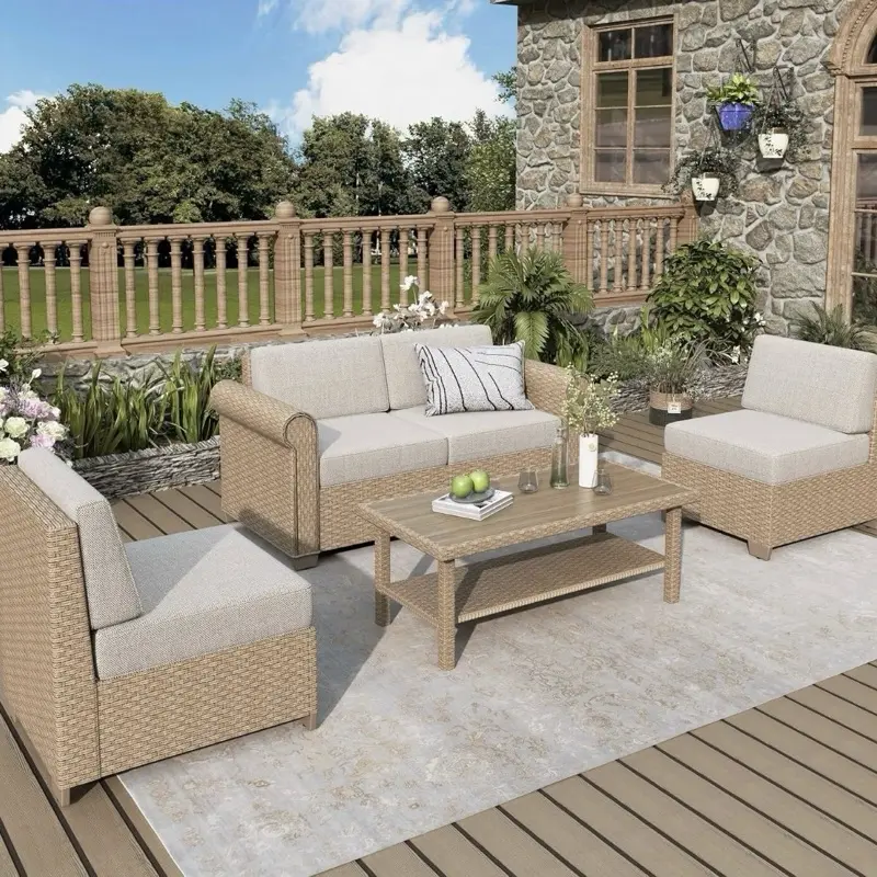 5PCS Patio Furniture Set Outdoor Rattan Wicker Sectional Conversation Sofa Set