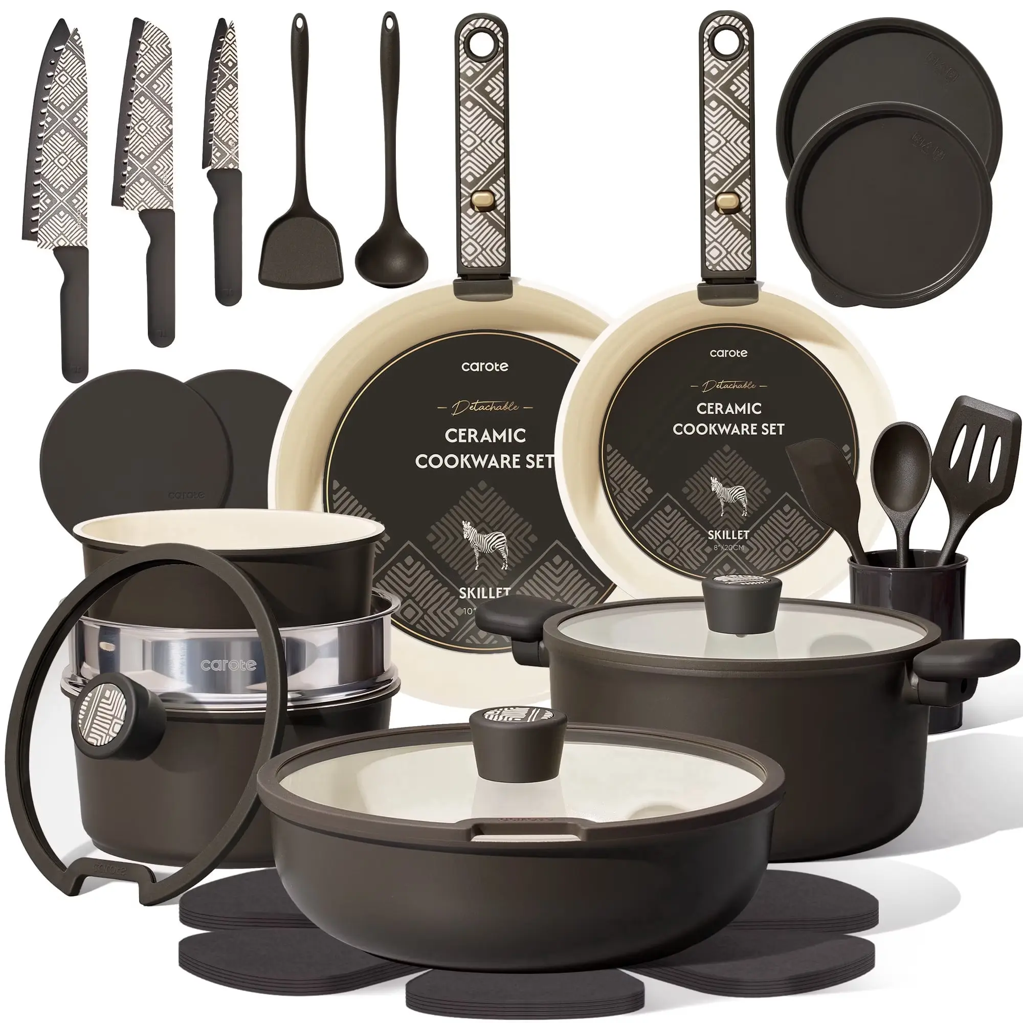 33-Piece Ceramic Nonstick Cookware Set with Detachable Handles, Lids, Induction Compatibility, and Dishwasher Safety, Black