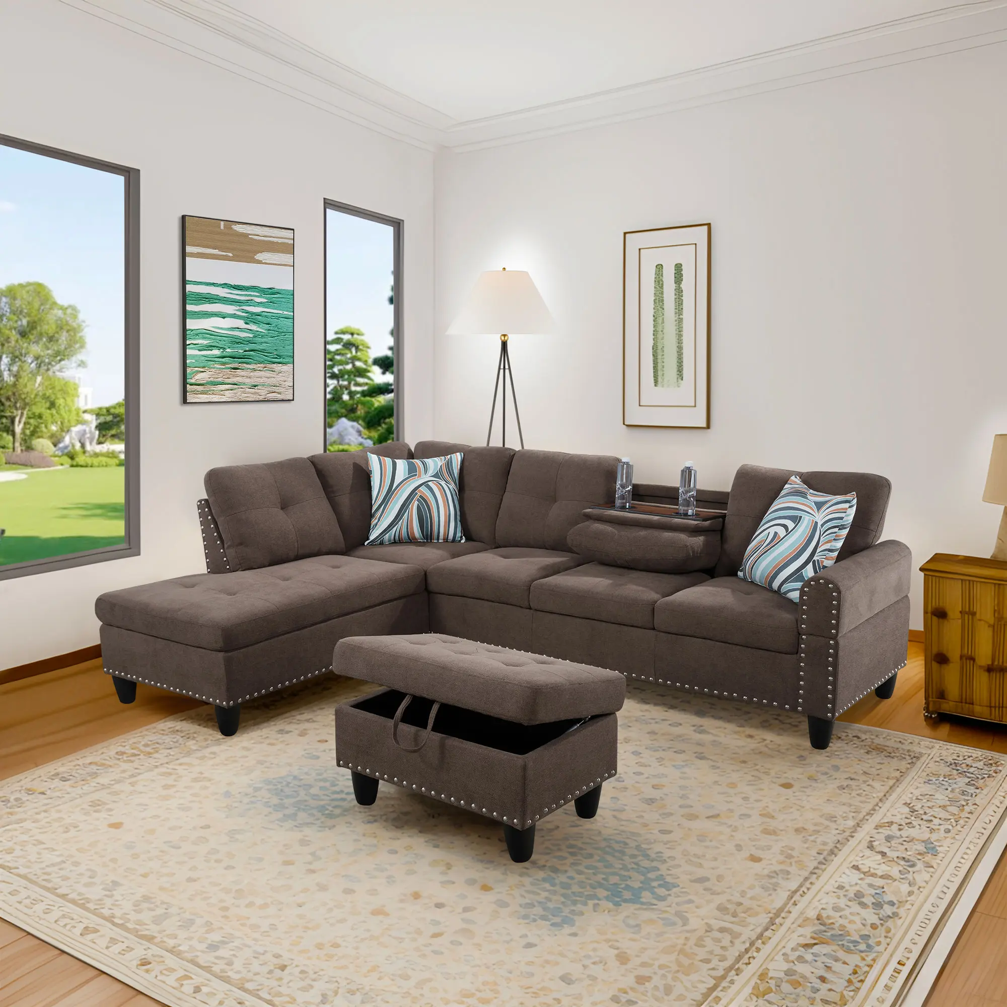 3-Package Shipping Modern Brown 3 Piece Sofa Sets - Breathable Fabric Comfy Upholstered Sectional Living Room Couch for Home & Apartment
