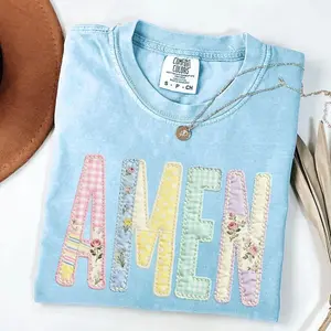 Amen Patchwork Shirt, Christian Easter Shirt Women, Pastel Applique Comfort Colors Tee, Religious Spring Graphic Top Patchwork Custom Name Shirt T-shirt