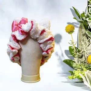 Cute Teddy Plush Silk Bonnet Luxury White Double Layer Adjustable Sleep Cap with Ears Stylish Comfortable Haircare Bonnet for Daily Wear Shower hair bonnet