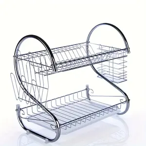 Dish Rack in Chromed Steel with Removable Cutlery - Drip Tray Durable Anti-Rust Dishes Tray with Non-Slip Feet Organiser Stainless