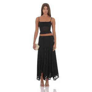 Asymmetrical Lace Maxi Skirt in Black