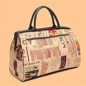 Ladies' Retro Newspaper Printed Handbag - High quality checkered pattern, fixed shoulder strap, zipper closure and polyester lining, large capacity coffee brown travel shopping daily fashion accessories