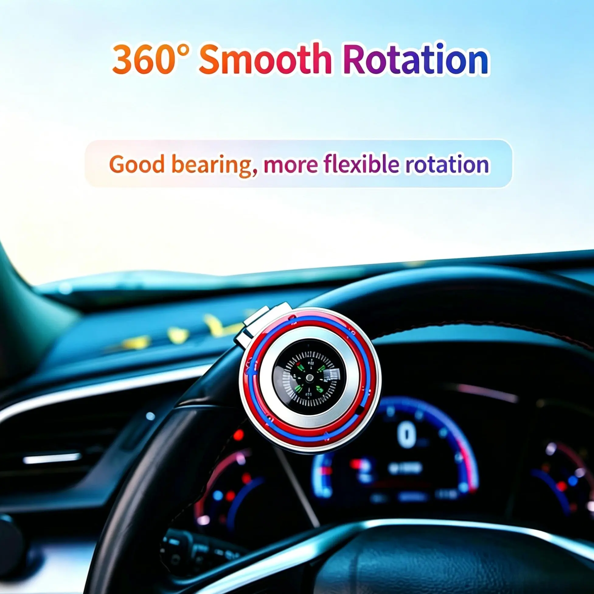 Upgrade Stainless Steel Bearing Steering Wheel Spinner Knob with Compass, Non-Slip Rubber Pad Car Steering Wheel Power Handle, Universal Fit All Vehicles