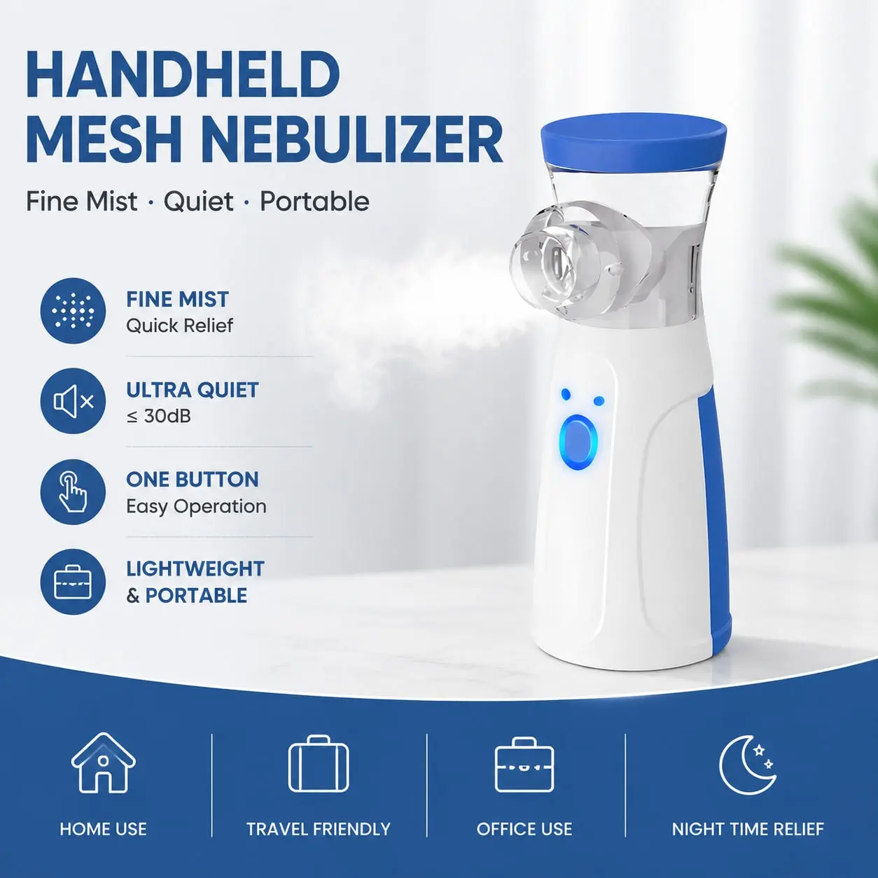 Portable Mesh Nebulizer – Ultra-Quiet, 3 Mist Settings, USB-C or AA Battery Powered, Lightweight for Travel, Home & Office Respiratory Relief