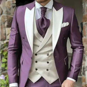 Elegant Wedding 3 Piece Jacket Pants Vest Full Set Luxury Single Breasted Peak Lapel Purple Male Clothing Men's Suits Blazer Menswear Long Sleeve isaac prom outfit