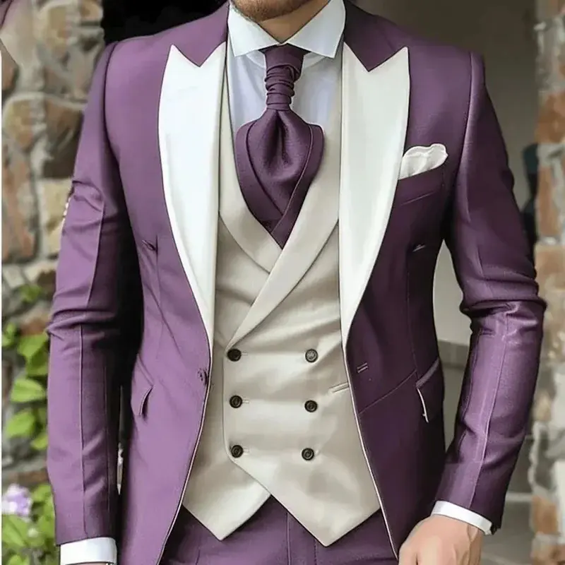 Men's Purple 3-Piece Suit, Single-Breasted Peak Lapel Jacket, Vest, and Pants Formal Wear Set for Prom & Weddings, Longsleeves