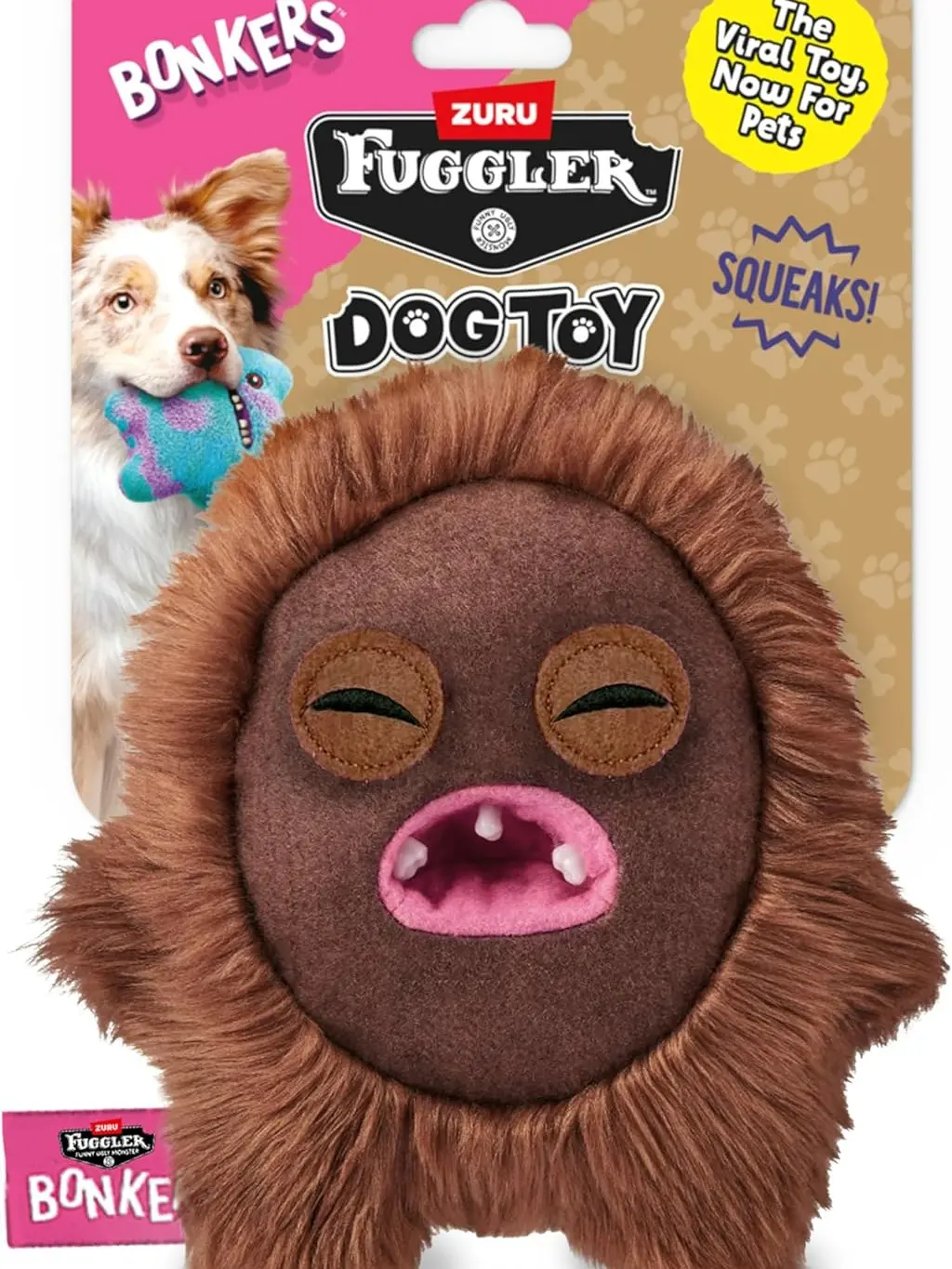 Bonkers Fuggler Hedge Grog Squeaky & Plush Dog Toy for Playtime, Brown, 8 inches