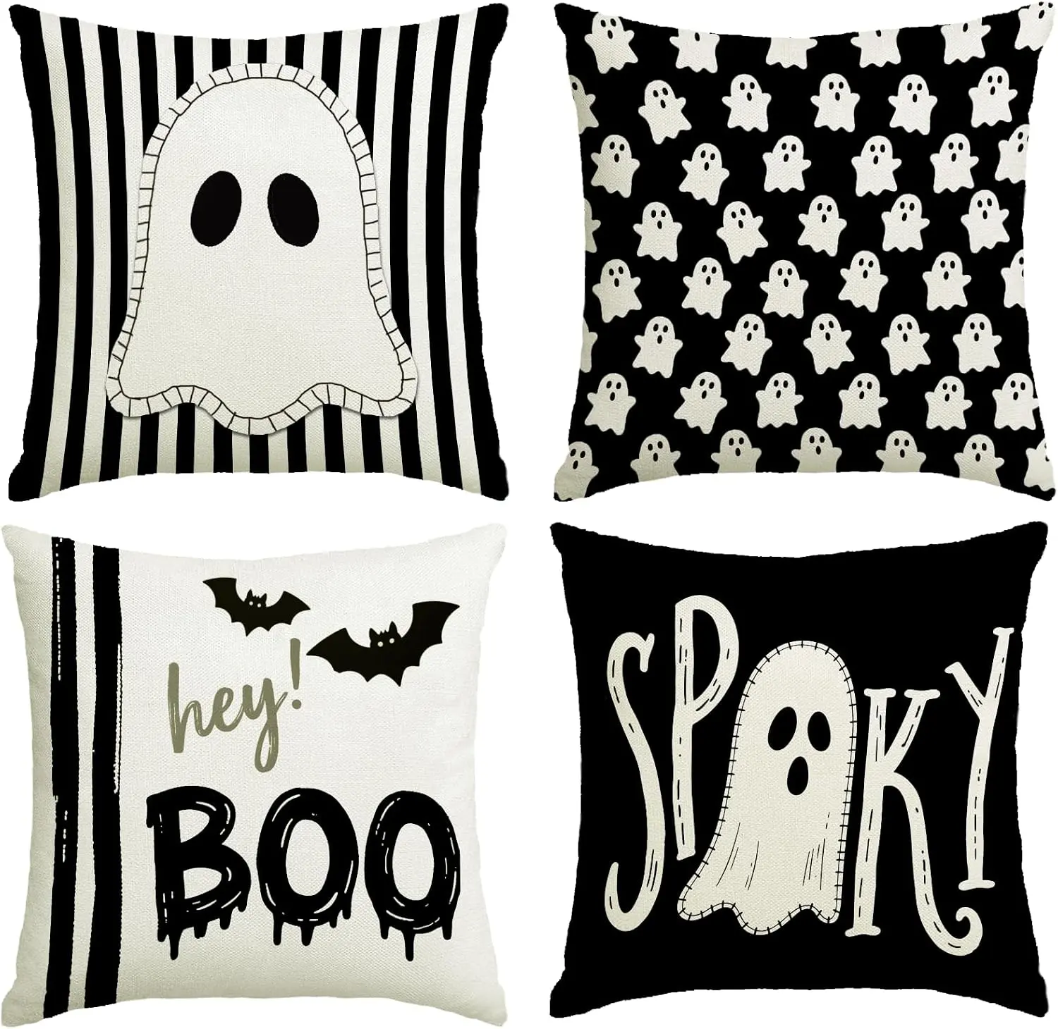 Halloween Decor Pillow Covers 18x18 Inch,Set of 4 Halloween Decorations Indoor Outdoor Throw Pillow Covers, Hey Boo Cute Spooky Ghost Black Striped Linen Cushion Case for Home Sofa Couch Bed Chair