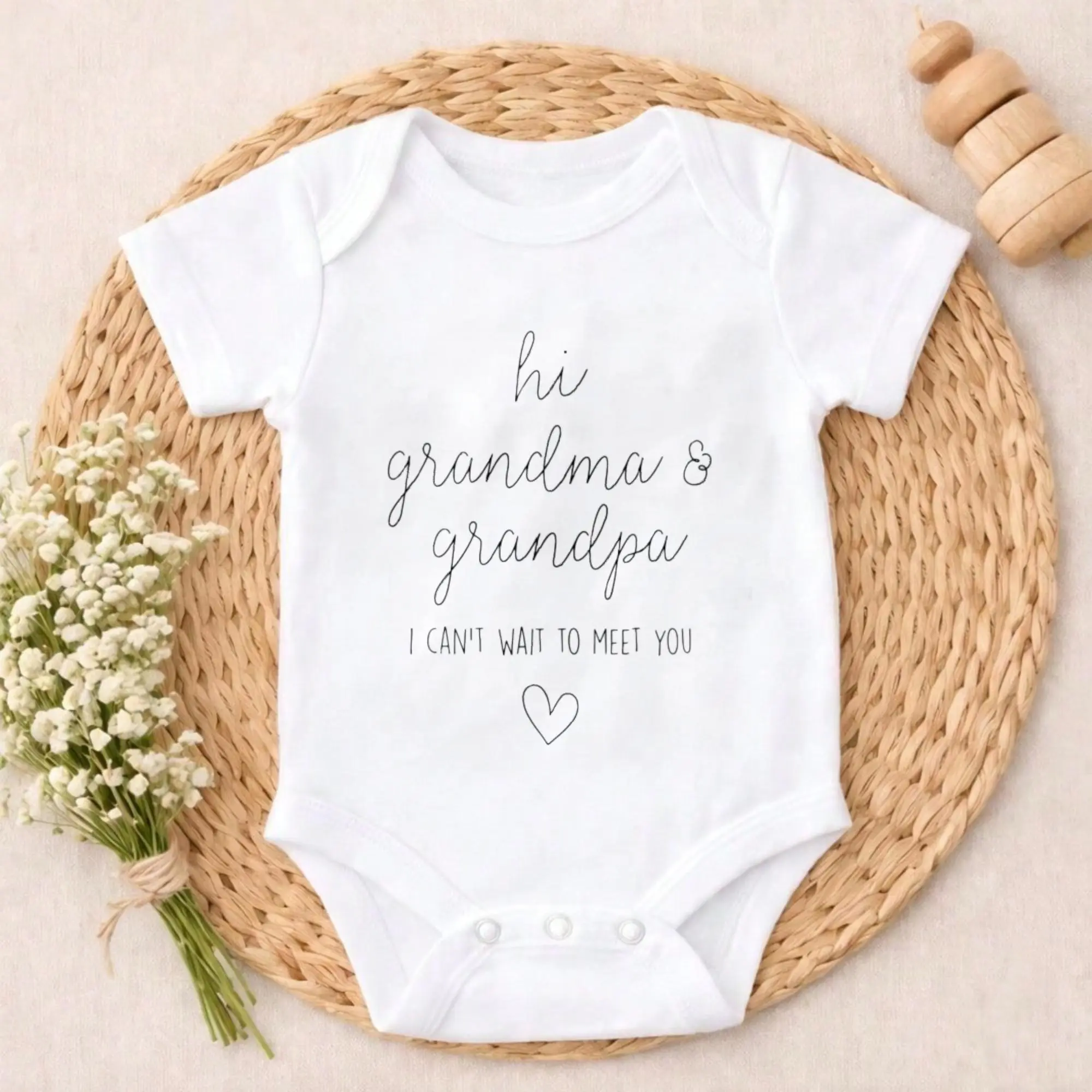 Boys' Cotton Soft Stretch Fabric Short Romper Bodysuit - Baby Items with Snap, "Hi Grandma & Grandpa I Can’t Wait To Meet You" Print, Solid Color Cozy Casual Valentine Outfit, Baby Shower Gift for New Moms/Grandparents, First Photos Wear