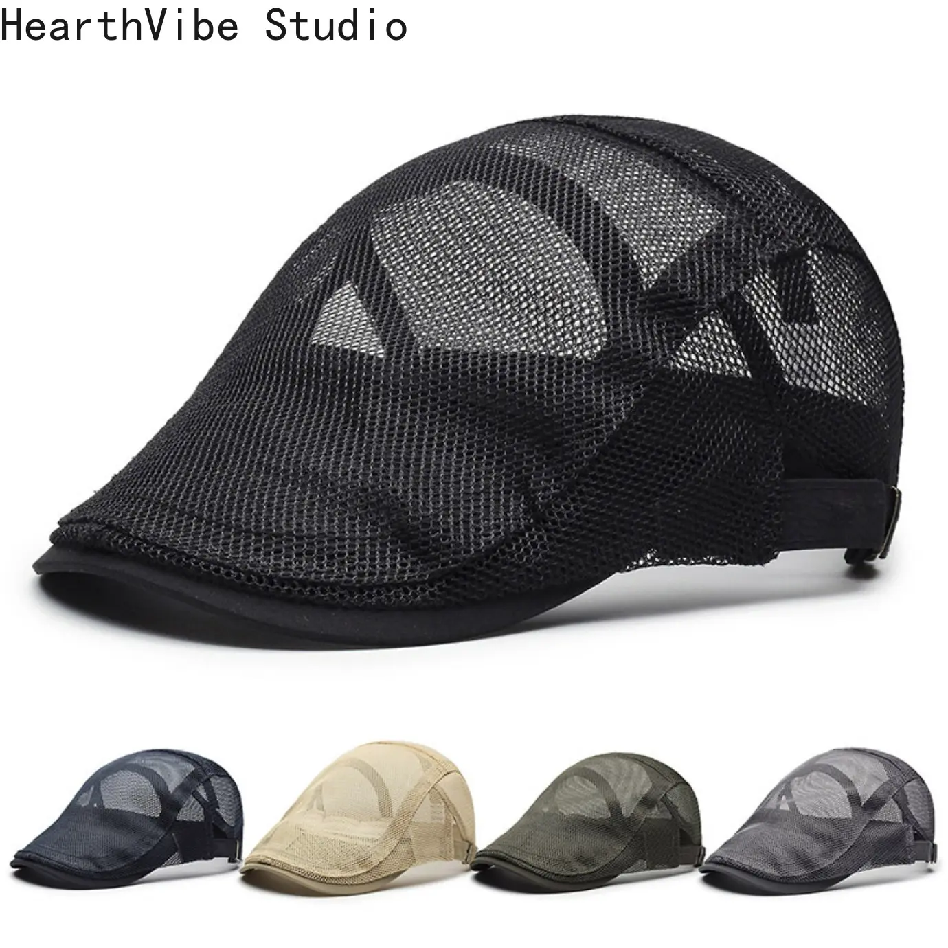 Unisex Open-Knit Mesh Beret, Adjustable 1-Size Breathable Summer Sun Hat, Flat Duckbill British Retro-Style Sports & Outdoor Cap, Adjustable One-Size
