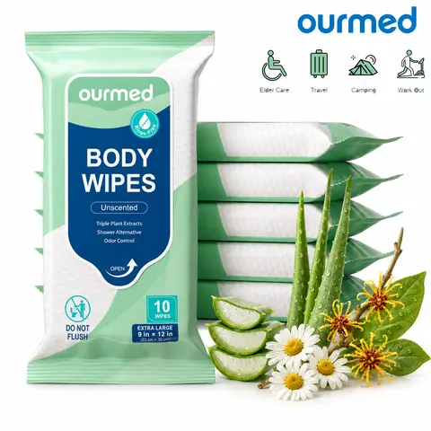 Ourmed Extra‑Large No‑Rinse Bathing Wipes｜9"x12" 60 Ct Portable Body Wipes｜Aloe & Chamomile 3D Pearl Textured｜Hypoallergenic Non‑Toxic Degradable for Travel Outdoors Home Care