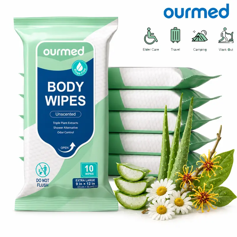 Ourmed Extra‑Large No‑Rinse Bathing Wipes|9"x12" 60 Ct Portable Body Wipes|Aloe & Chamomile 3D Pearl Textured|Hypoallergenic Non‑Toxic Degradable for Travel Outdoors Home Care