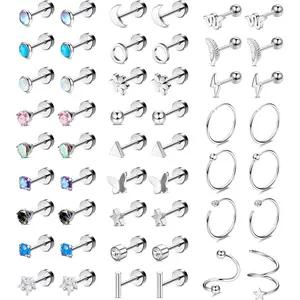 Stylish 25 Pairs Diverse Styles Stud Earrings for Women Men Multipack Cartilage Surgical Steel Earring Shining Zirconia Opal Vivid Butterfly Sweet Flower Cute Star Flat Back Earrings men's earrings Non Tarnish Jewelry for Christmas Gift