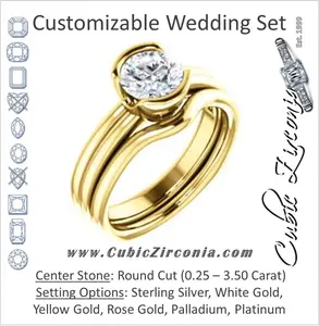 CZ Wedding Set, featuring The Monse engagement ring (Customizable Bezel-set Round Cut Solitaire with Grooved Band & Euro Shank)