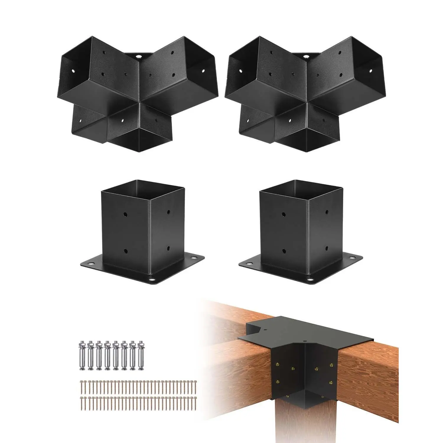 VEVOR Heavy Duty 4-Way Pergola Bracket Kit, 4 Pcs/4x4 Inch Hardware with 3.5x3.5 Inches Inner Size, Easy-Install Wood Post Base for Gazebos, Concrete Patio DIY Projects
