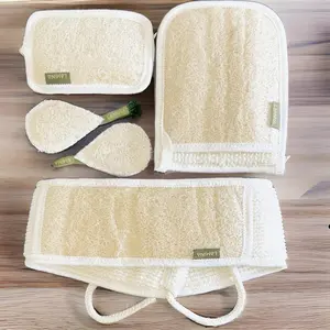 4 PCS - Lamina Natural-Organic, Loofah Sponge, Body Scrubber, Shower Beth Loofah (Back Long, Double Sided Mitt, Mini Mitt and Face loofah)