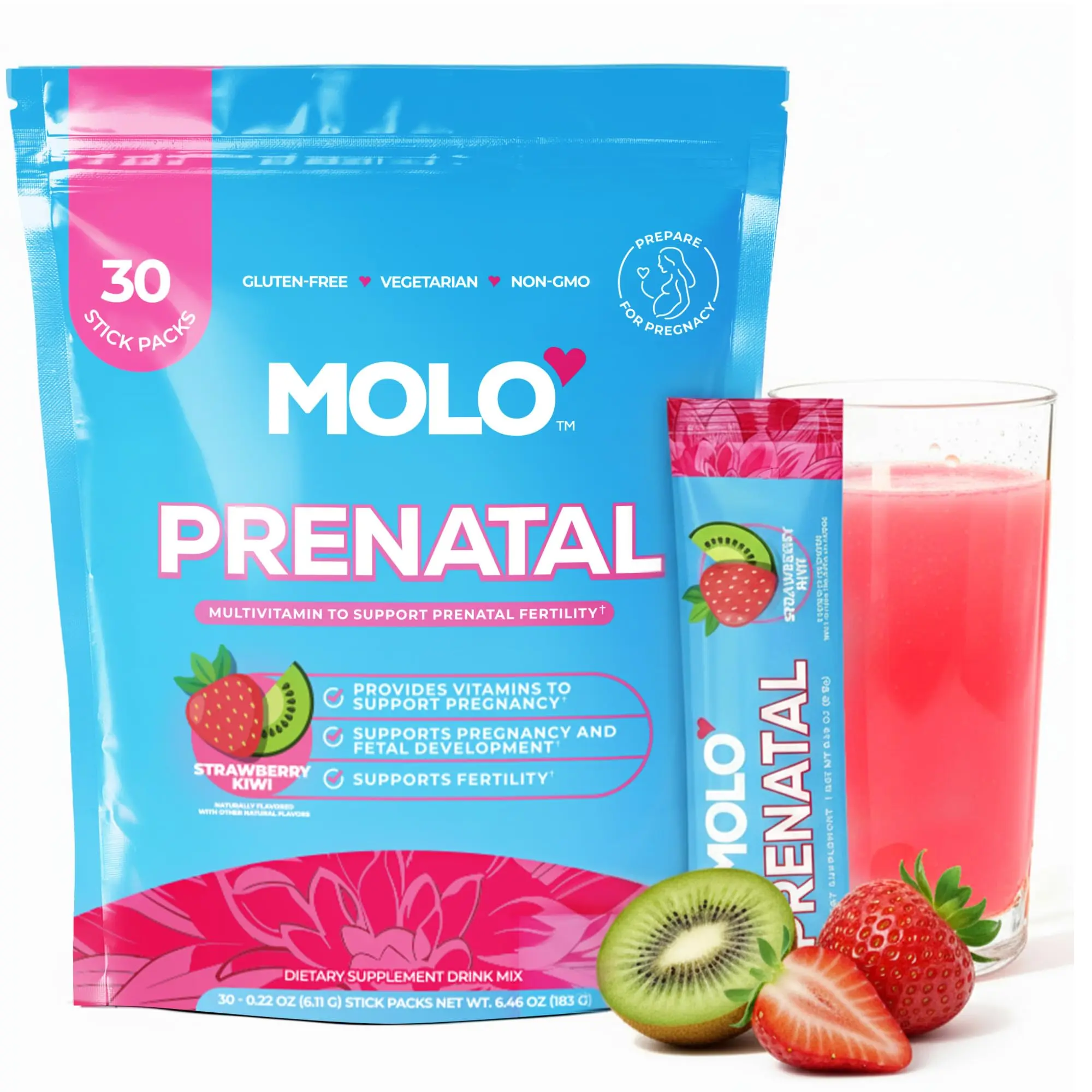 MOLO Prenatal Multi-Vitamin Drink Mix for Women – Packed with Essential Vitamins & Antioxidants, Methylfolate, & Iron – 30 Stick Packs Strawberry Kiwi Flavor – Vegetarian, Gluten-Free & Non-GMO