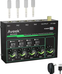 Aveek 4-Channel Audio Mixer, Mini 4 Stereo Mixer with Low Noise for Precision Sub-Mixing, DC 5V Power Supply, Stereo/Mono Independent Control, 1/4" TRS Input/Output for Mic, Guitar, Bass & Stage, Size 3 x 4.4 x 1.3 inches