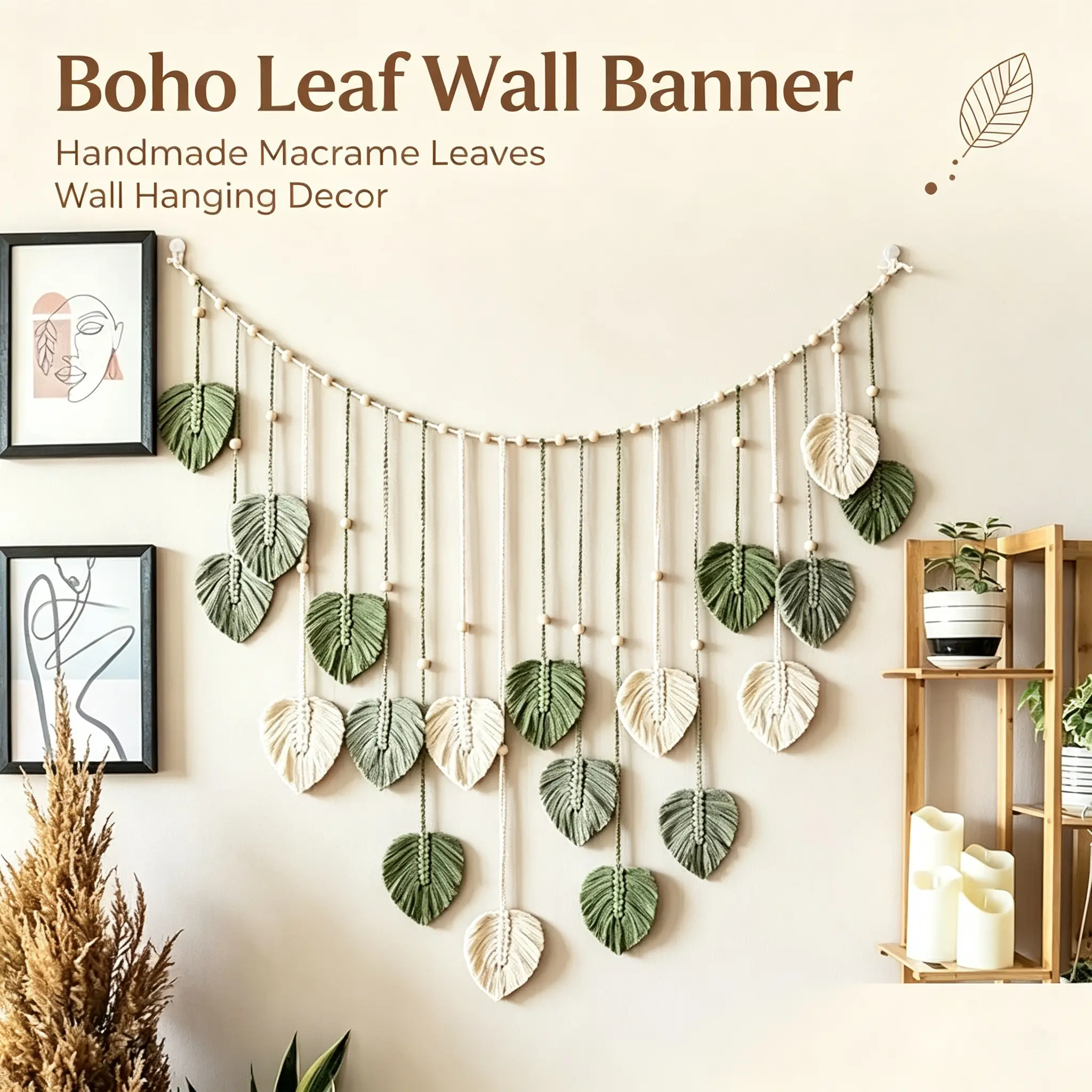 Large Macrame Leaf Tapestry Wall Hanging - Home Decor Ornament for Living Room, Bedroom Wall Display