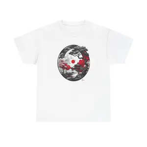 Japanese Landscape Tee — Crimson Moon Pagoda | Japanese Neo-Traditional Streetwear Design Circle Graphic T-Shirt