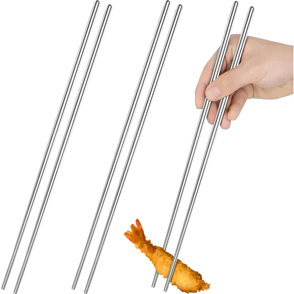 14-In Extra Long Stainless Steel Japanese Hot Pot Chopsticks Set (3 Pairs) - Reusable Metal Cutlery, Tableware with Grooved Tips, Hollow Core, No Color Fading for Cooking, Frying