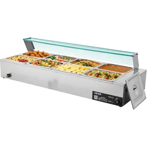 VEVOR Commercial Food Warmer, 1700W Electric Stainless Steel Steam Food Warmer with Glass Cover, 8-Pan Countertop Buffet Bain Marie with Soup & Perforated Ladles, for Catering, Restaurant & Party