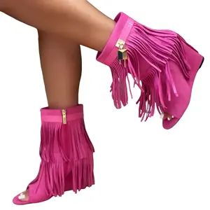 CERRITOS Pink Faux Suede Fringe Ankle Bootie with Inner Zipper Closure Round Toe Metallic Lock Detail Wedge Heel 3 Inches Summer Style