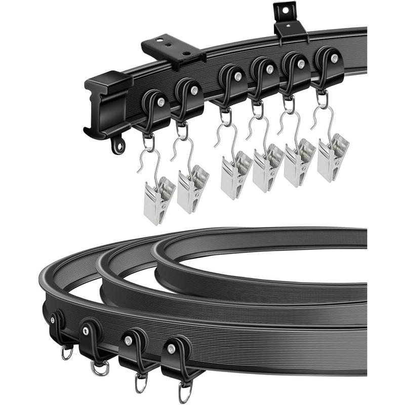 Ceiling Curtain Track, Flexible Bendable Curtain Rails Ceiling Wall Mount 12Ft Curved Sliding Curtain Track System, Room Divider, Black Ceiling Track Set for Shower Rv