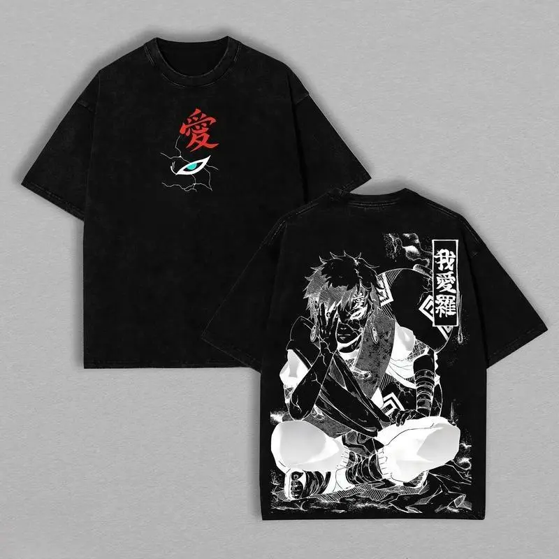 Gaara - Naruto Anime Double Printed Vintage Washed Tee Unisex Oversize Anime Manga Washed Heavyweight Cotton T-shirt, Gift For Anime Fan