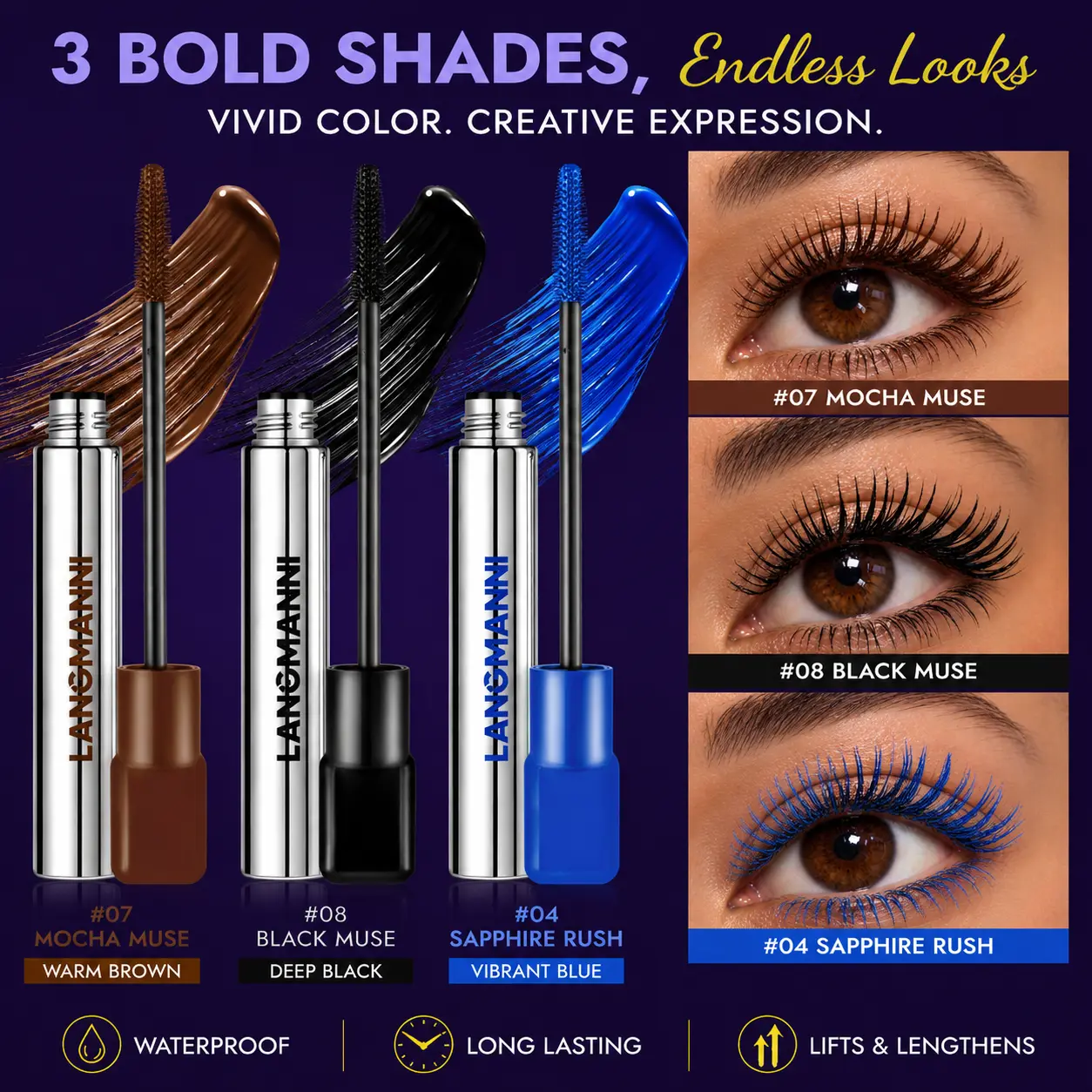 LANGMANNI Creative Colorful Mascara Set,  Waterproof, Long-Lasting, Smudge-Proof, High Color Payoff, for Everyday Statement Looks / Parties / Halloween / Music Festivals / Stage Makeup, Vegan-Friendly Pigment Pack