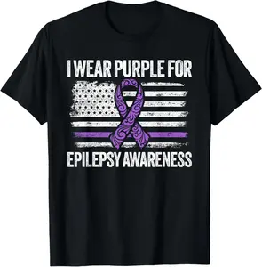 100% Cotton Fashion Garment Epilepsy Awareness Month I Wear Purple American Flag Ribbon T-Shirt