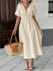 French Vintage V-Neck Dress for Women, Summer A-Line Long Dress, Slimming and Gentle Bohemian Style, Elegant French Retro Design