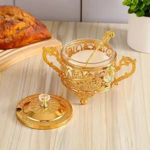 Creative Flower Decorated Sugar Bowl, European Home Kitchen Metal Condiment Jar, Elegant Transparent Glass Salt Shaker, Spice Bottle