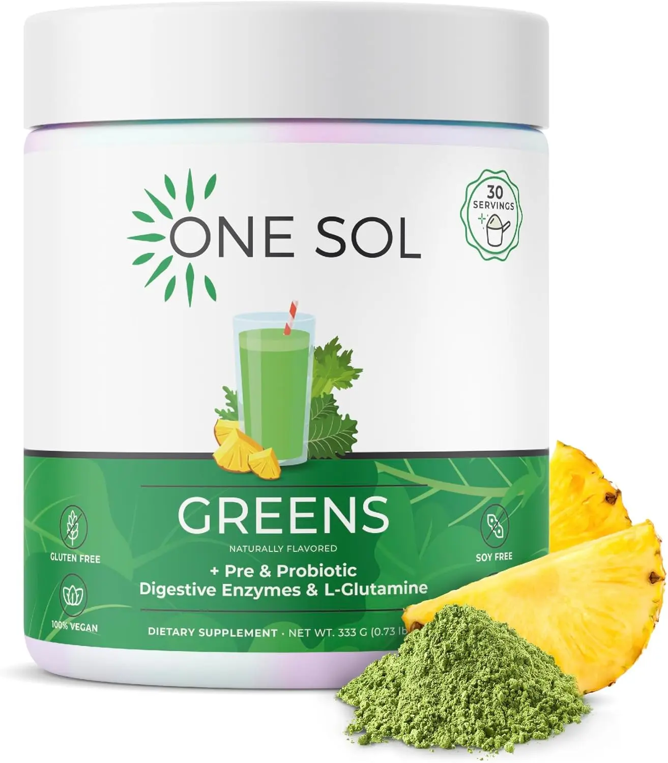 One Sol Greens Super Greens Powder - Digestive Enzymes & L-Glutamine, Vegan & Soy Free, Natural Supplement for Improved Gut Health