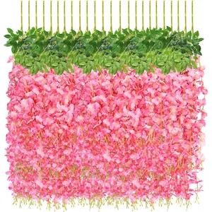 24pcs Wisteria Hanging Flowers 3.6 Ft Artificial Vine Fake Garland Silk String for Wedding Party Garden Outdoor Greenery Home Wall Decoration (Pink)