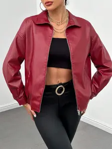 Women's Faux Leather Shacket Long Sleeve Zip Up Motorcycle Jacket Biker Coat *LooKo
