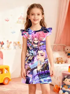 K-Pop Demon Hunters Sleepwear, Blue Battle Theme 3D Print, Fitted Design, Casual Comfort Everyday Short Sleeve Nightgown