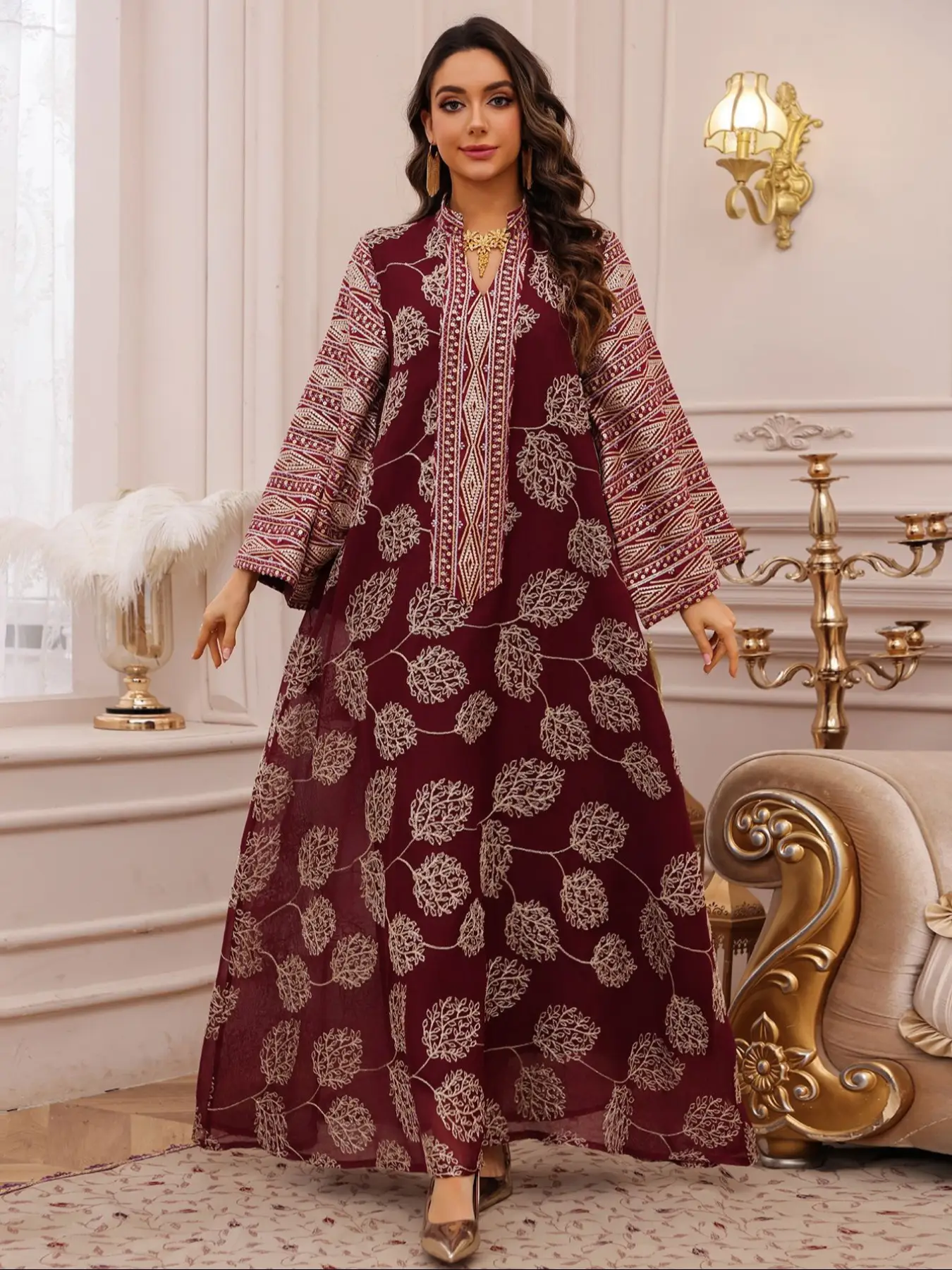 New Muslim Embroidered Sequins Long Robe, Arabic Turkish Fashion Elegant Abaya Dress, Women's Casual Maxi Gown