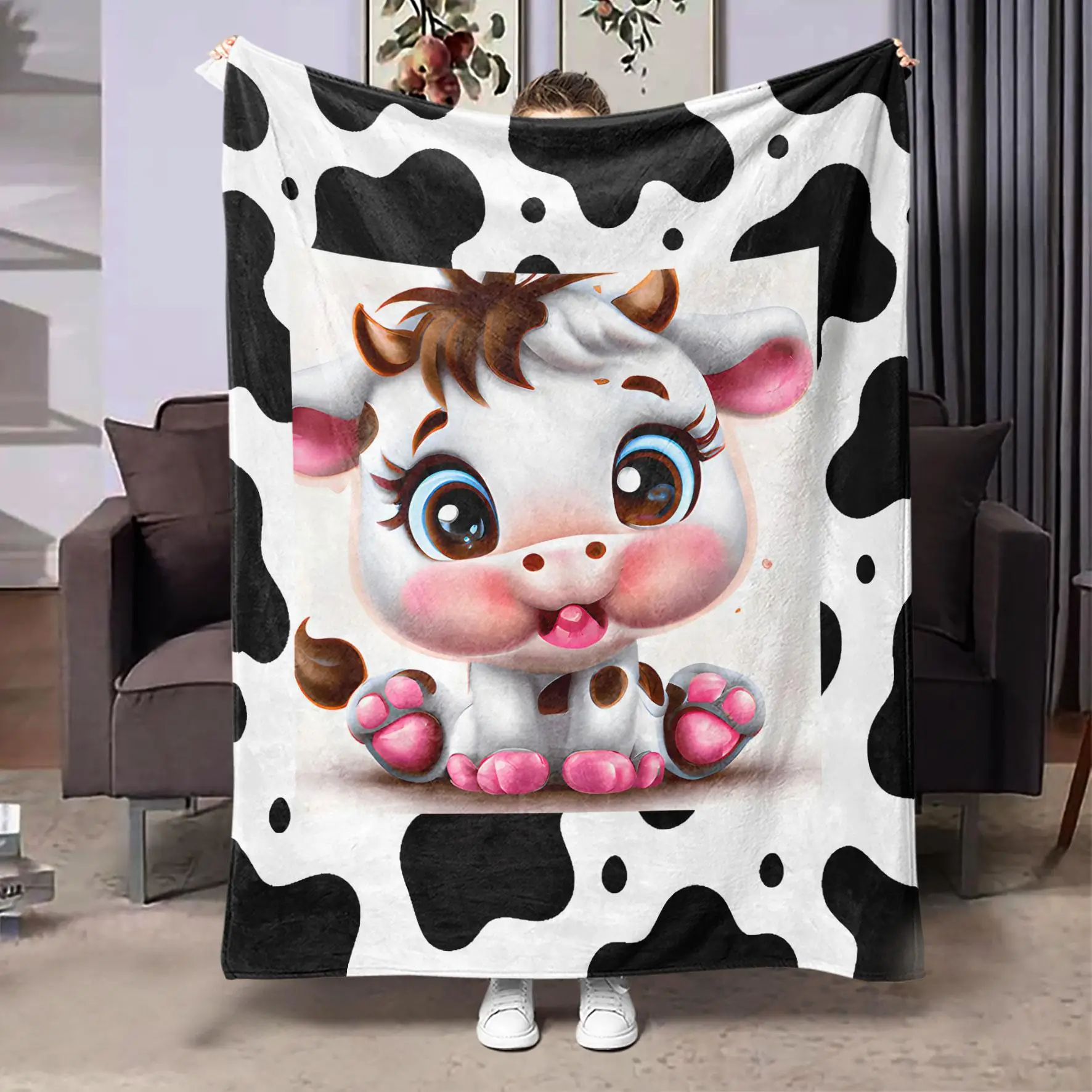 Cute Cow Print Blanket, Soft Throw Blanket, Napping Blanket for Home Office Travel Camping, All Season Blanket, Breathable Comfortable Blanket, Comfy