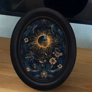 1Count, Bohemian Sun and Flowers Retro Style Wooden Framed Photo Frame (6.8x8.7inch) - Oval Wall Art with Vibrant Floral and Celestial Design, Perfect for Home and Office Decor, Ideal for Christmas, Hanukkah, Thanksgiving, Sun Decor