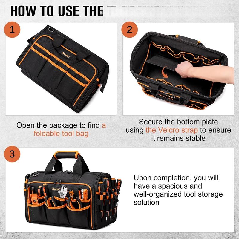 17-Inch Electrician Tool Bags for Men, 46-Pocket Heavy Duty Tool Bag, Foldable Hvac Tool Bag Organizer with Wide Mouth & Adjustable Strap for Electricians Mechanics Craftsman Contractor 17-Inch Electrician Tool Bags for Men, 46-Pocket Heavy Duty Tool Bag, Foldable Hvac Tool Bag Organizer with Wide Mouth & Adjustable Strap for Electricians Mechanics Craftsman Contractor
