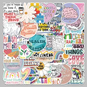 Mental Health Themed Sticker (50pcs), Waterproof Self Adhesive Decorative Sticker, Decor Sticker for Gift Greeting Card Water Bottle Laptop Phone Scrapbooking Journal Making
