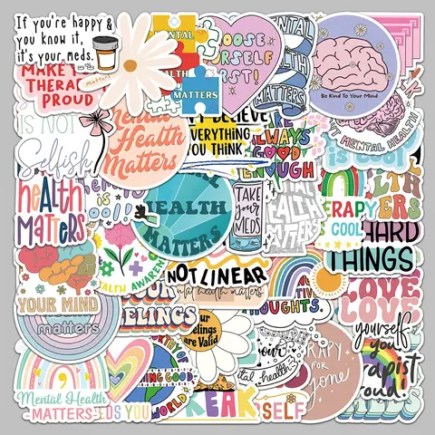 Mental Health Themed Sticker (50pcs) Decals Sticker, Waterproof Self Adhesive Decorative Sticker, Decor Sticker for Gift Greeting Card Water Bottle Laptop Phone Scrapbooking Journal Making