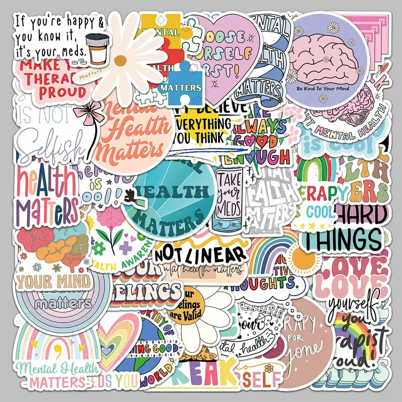 Mental Health Themed Sticker (50pcs) Decals Sticker, Waterproof Self Adhesive Decorative Sticker, Decor Sticker for Gift Greeting Card Water Bottle Laptop Phone Scrapbooking Journal Making