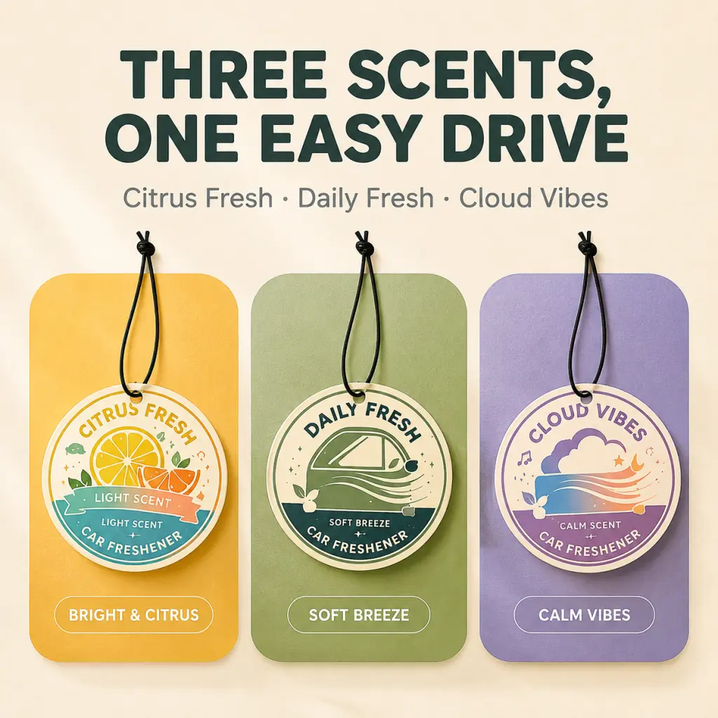 Car Air Freshener Hanging Scented Tag, Aesthetic Round Aroma Decor for Rearview Mirror Home Office Bedroom, Long Lasting Fresh Fragrance Odor Eliminator with 3 Citrus Scents, Compact Paper Freshener Accessory Gift for Drivers Men Women Road Trip Travel