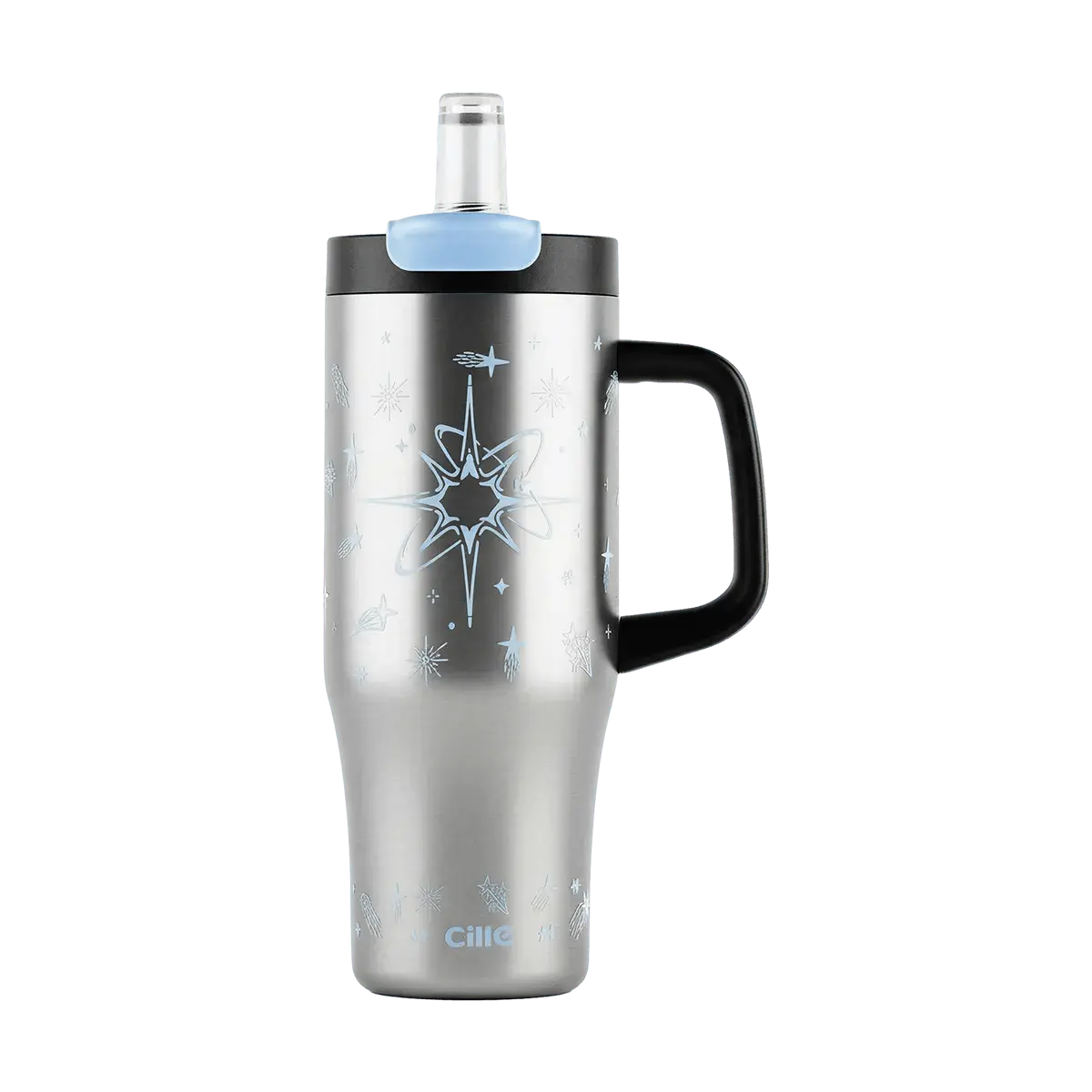 Cille 900ml Insulated Tumbler Cup with Straw - Large Capacity "Party Ice" Tumbler, Cool Silver, Ceramic Lined, Dual Use Direct Sip or Straw