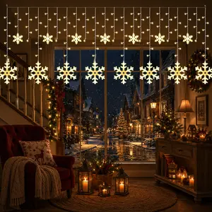 Christmas Snowflake Curtain Lights 11.5Ft | 158 LED Warm White Battery Powered, Batteries Not Included, Connectable for Porch, House Eaves & Window Decor